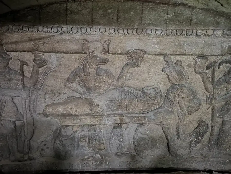 Carved wall in the Catacombs of Kom el-Shoqafa