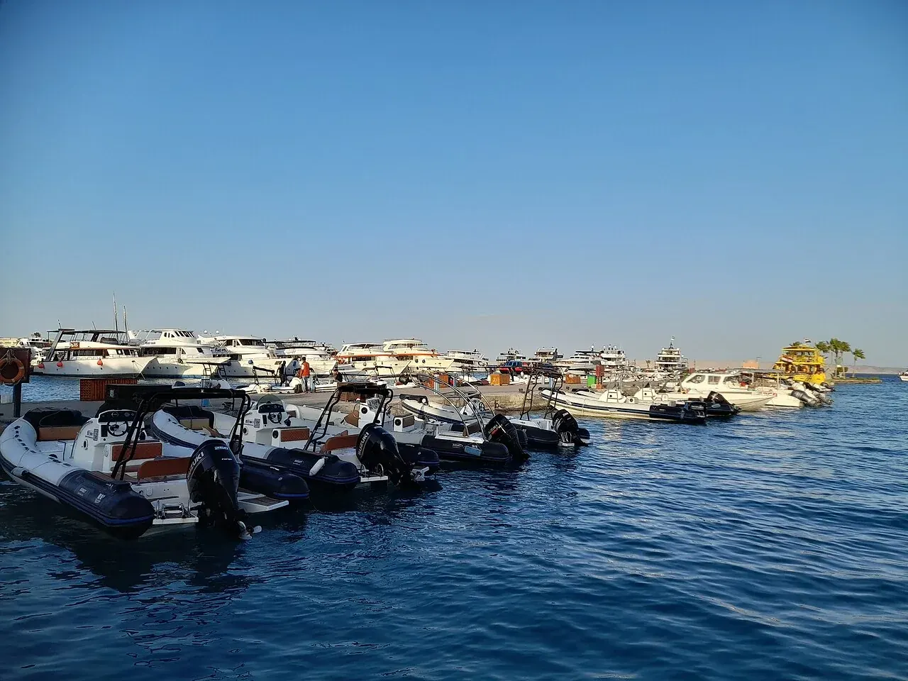Waterfront promenade and moored boats at Hurghada Marina